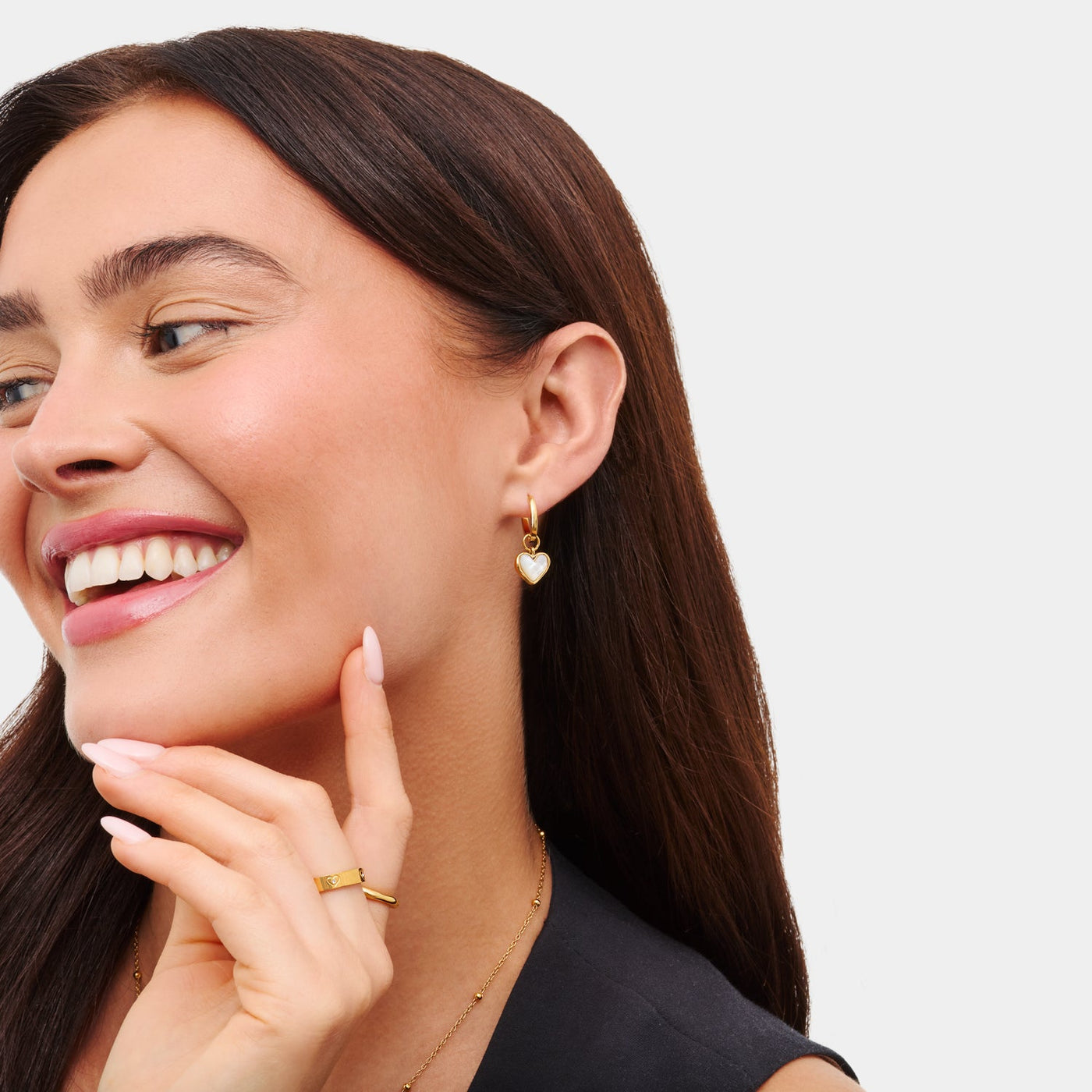 White Quartz Heart Huggie Earrings Set (Gold)