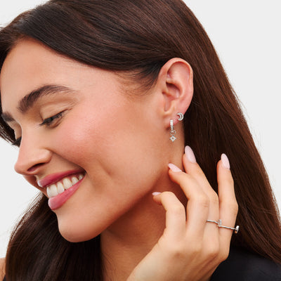 Moon and Back Star Huggie Earring Set (Silver)