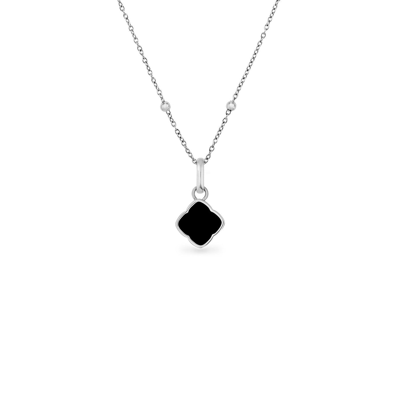 Black Enamel Clover Pendant Necklace (Silver)