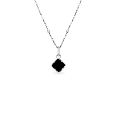 Black Enamel Clover Pendant Necklace (Silver)