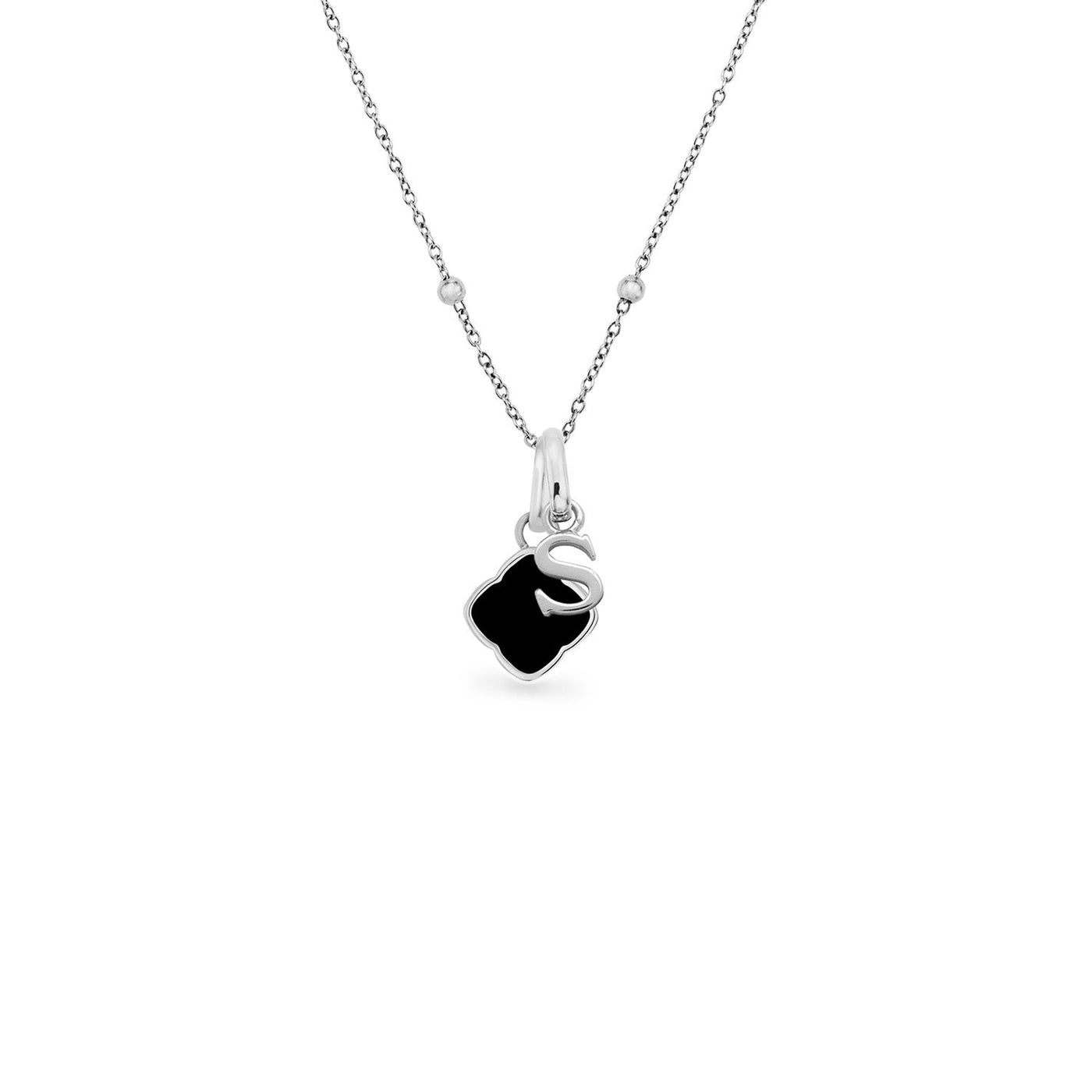 Black Enamel Clover & Initial Necklace (Silver)