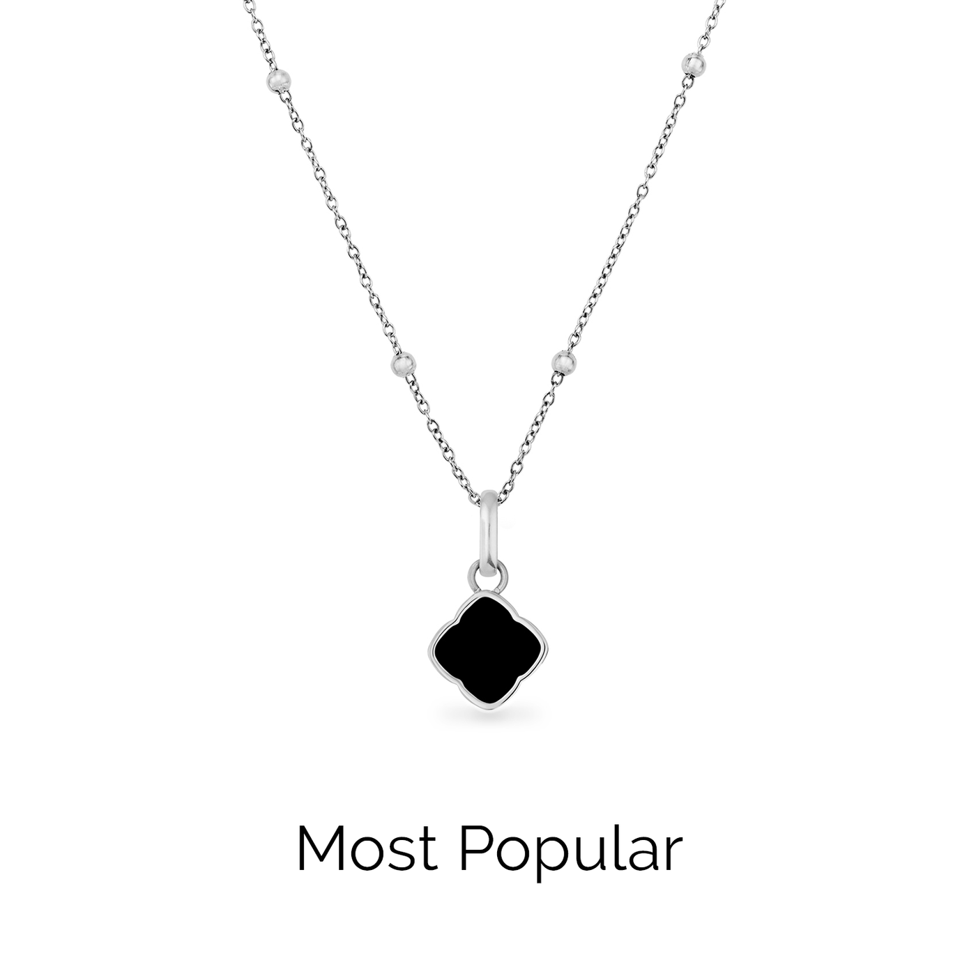 Black Enamel Clover Pendant Necklace (Silver)