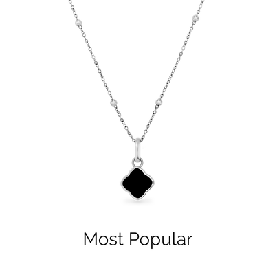 Black Enamel Clover Pendant Necklace (Silver)