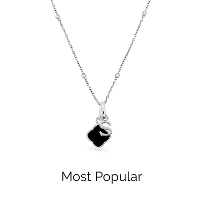 Black Enamel Clover & Initial Necklace (Silver)