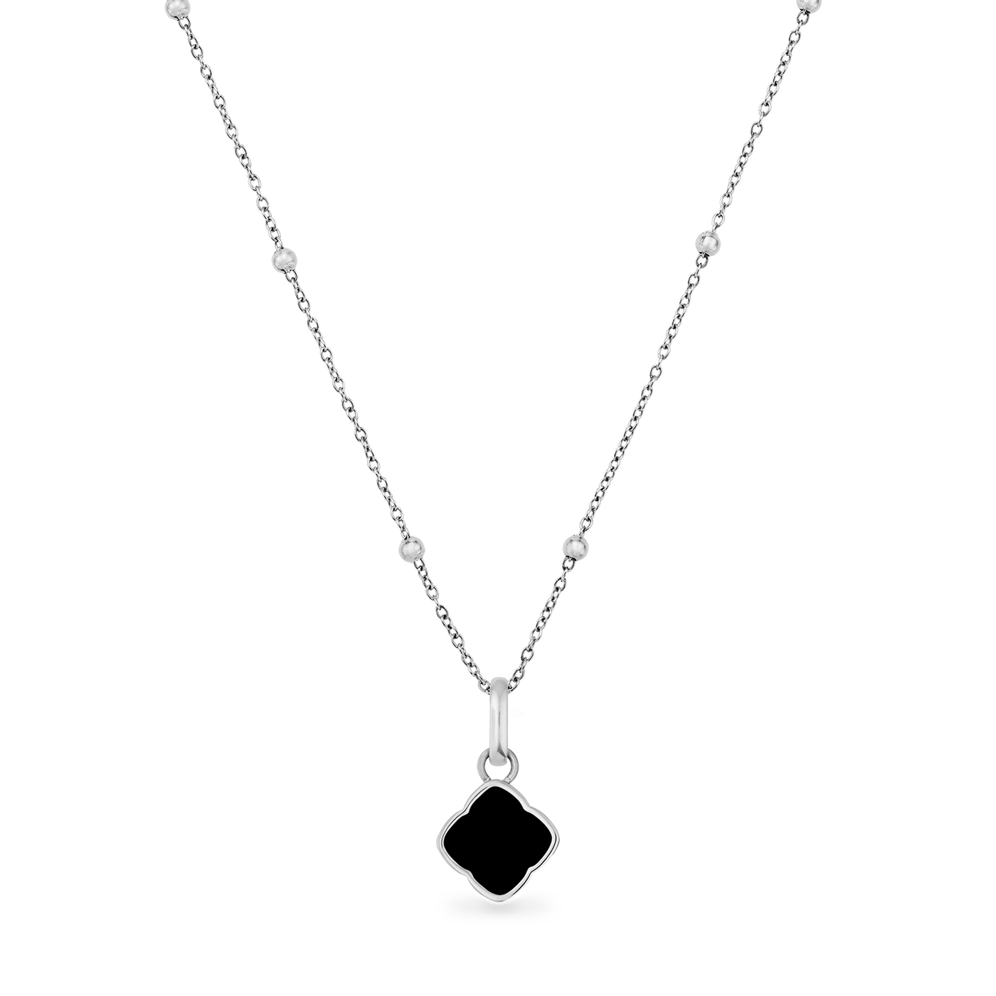 Black Enamel Clover Pendant Necklace (Silver)