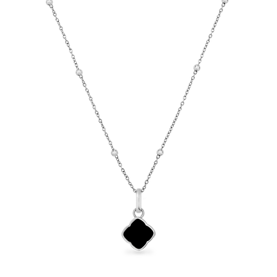 Black Enamel Clover Pendant Necklace (Silver)