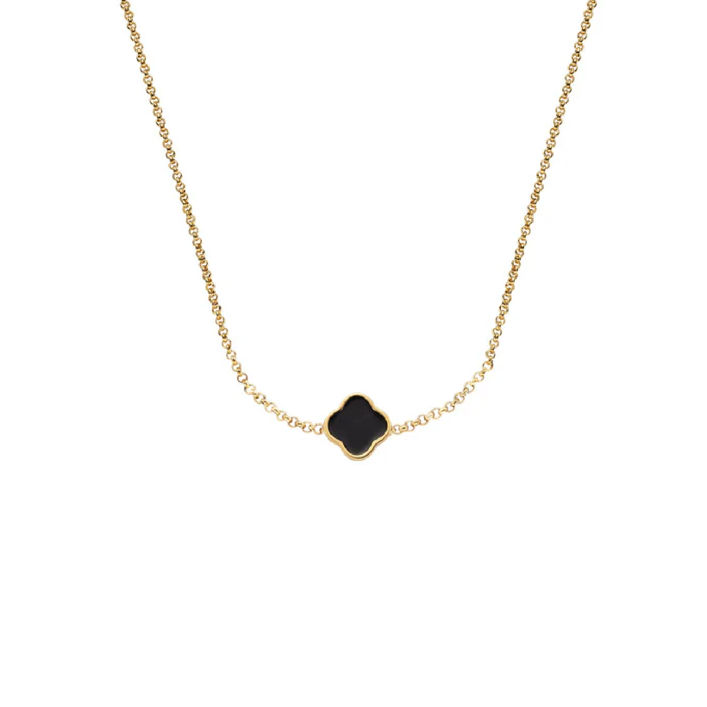 Black Enamel Clover Custom Name Necklace (Gold)