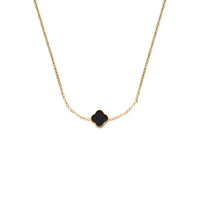 Black Enamel Clover Custom Name Necklace (Gold)