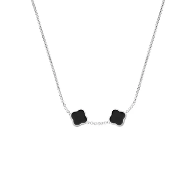 Black Enamel Clover Custom Name Necklace (Silver)