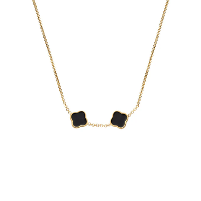 Black Enamel Clover Custom Name Necklace (Gold)