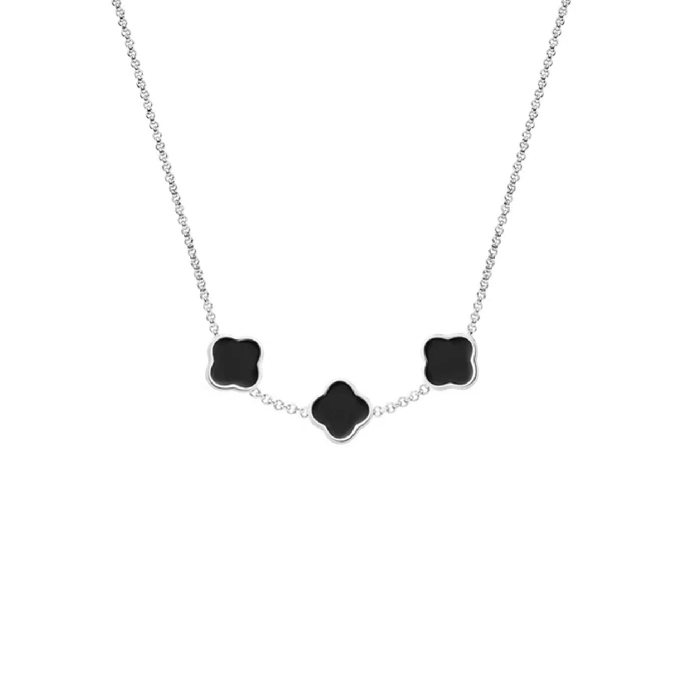 Black Enamel Clover Custom Name Necklace (Silver)