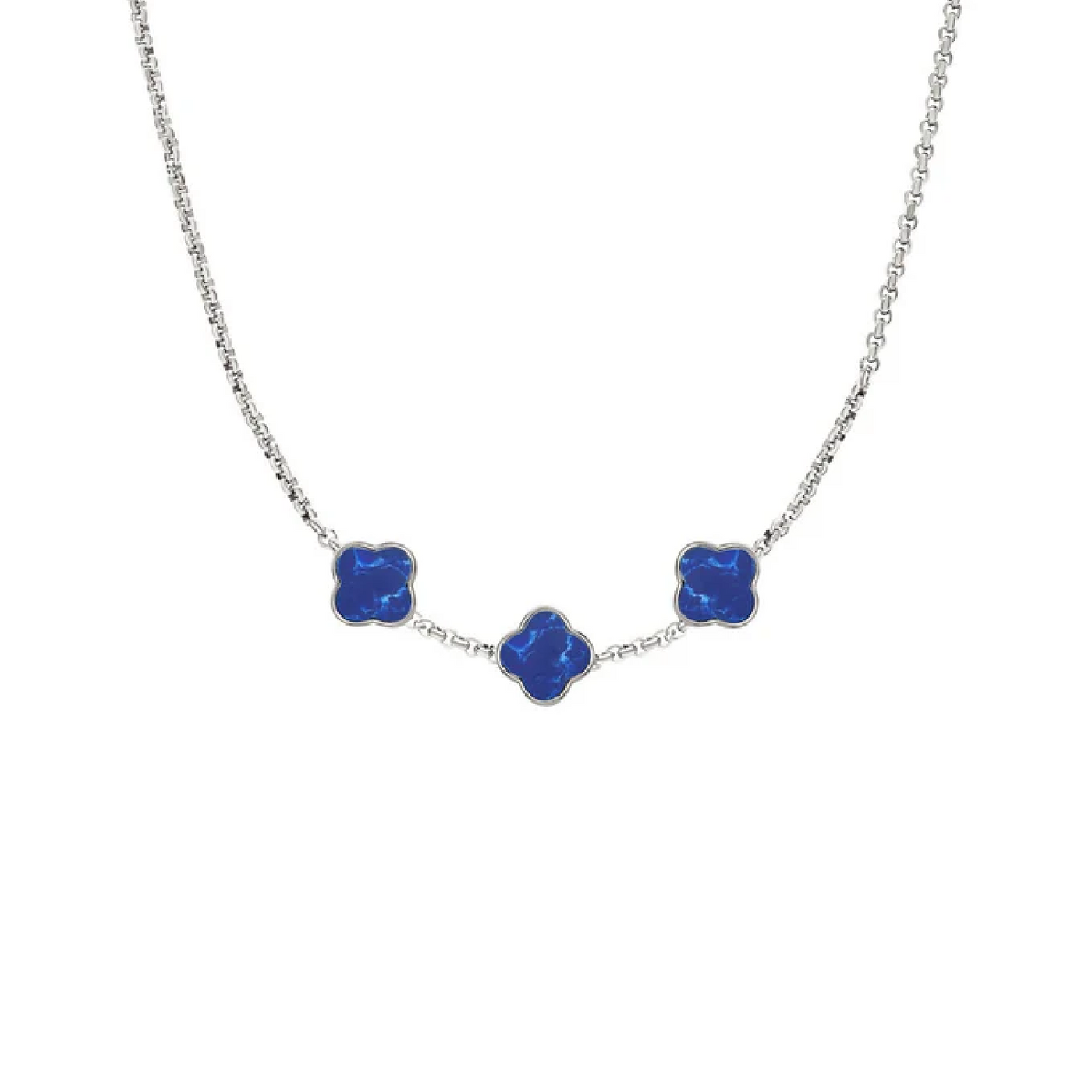 Blue Lace Agate Clover Custom Name Necklace (Silver)