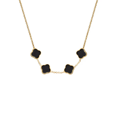 Black Enamel Clover Custom Name Necklace (Gold)