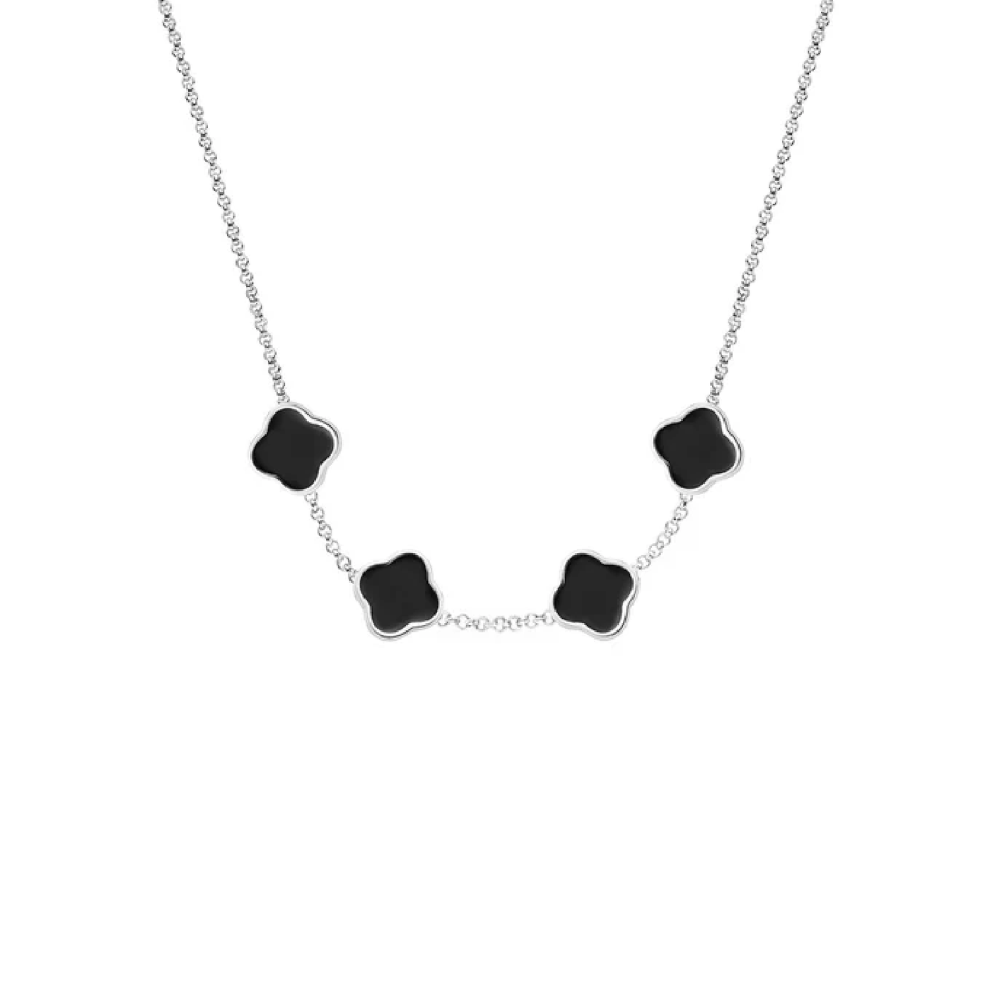 Black Enamel Clover Custom Name Necklace (Silver)