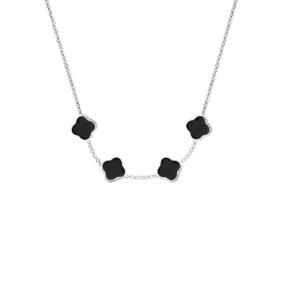 Black Enamel Clover Custom Name Necklace (Silver)