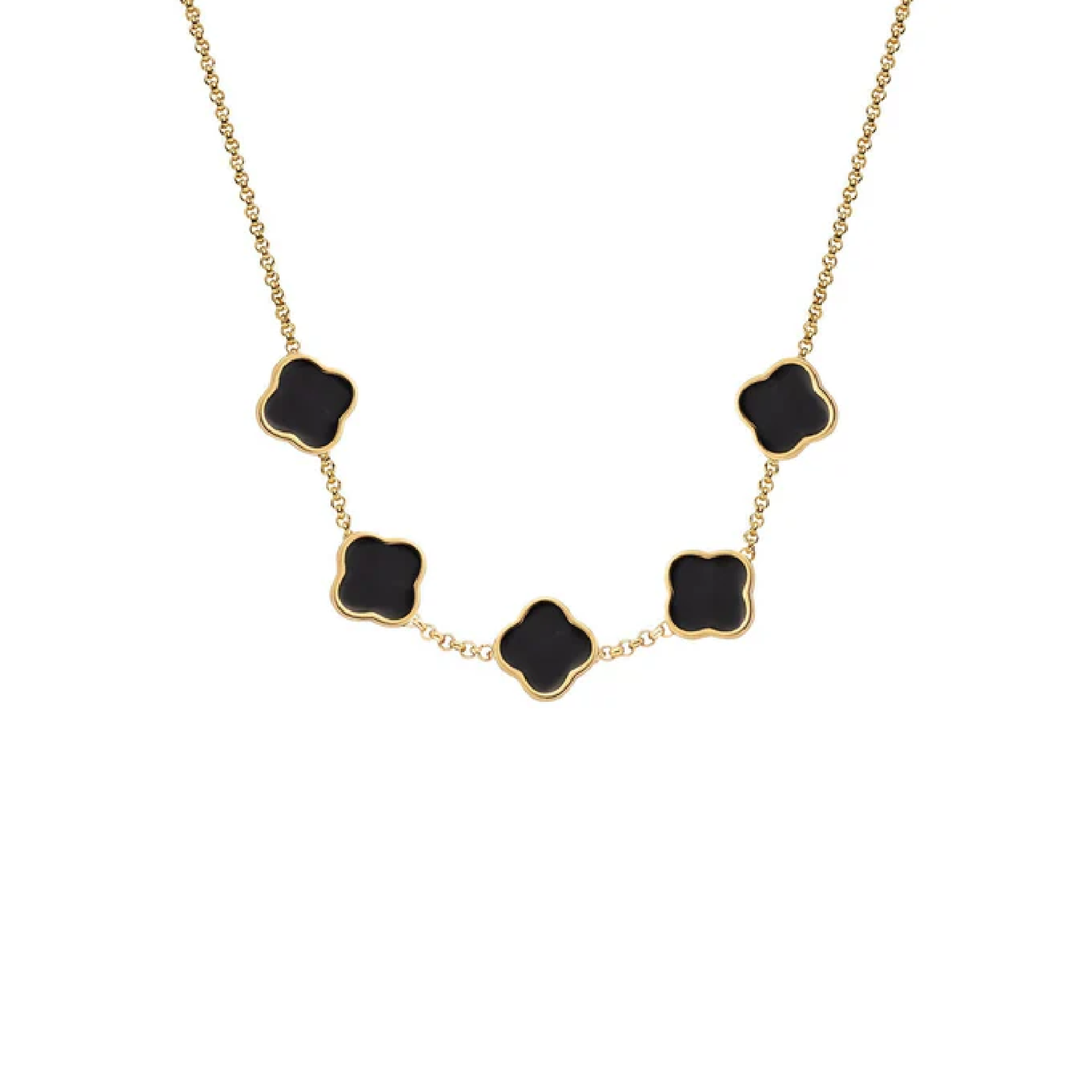 Black Enamel Clover Custom Name Necklace (Gold)