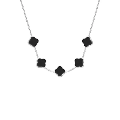 Black Enamel Clover Custom Name Necklace (Silver)