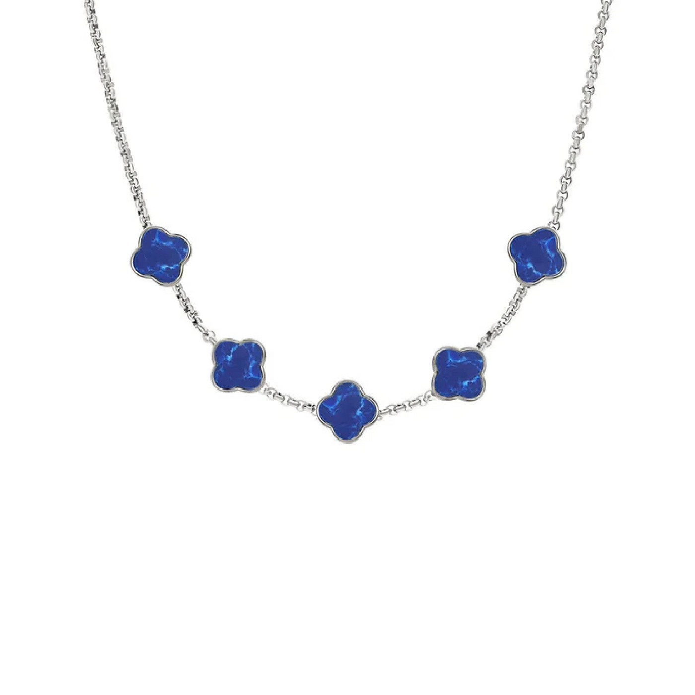 Blue Lace Agate Clover Custom Name Necklace (Silver)