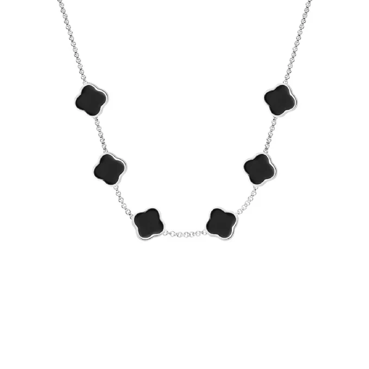 Black Enamel Clover Custom Name Necklace (Silver)