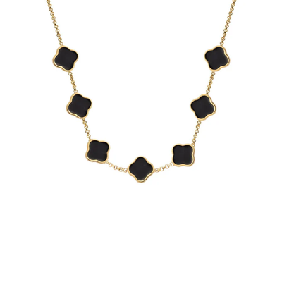Black Enamel Clover Custom Name Necklace (Gold)