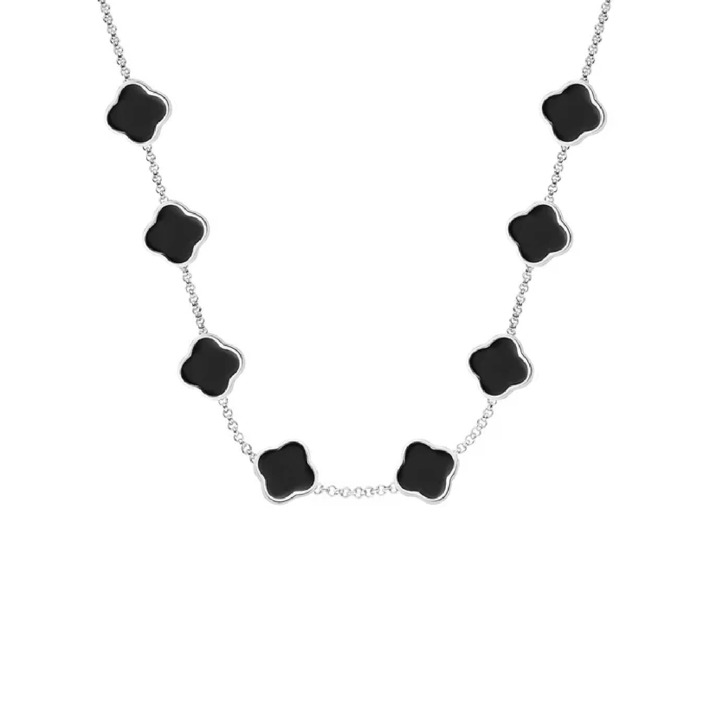 Black Enamel Clover Custom Name Necklace (Silver)
