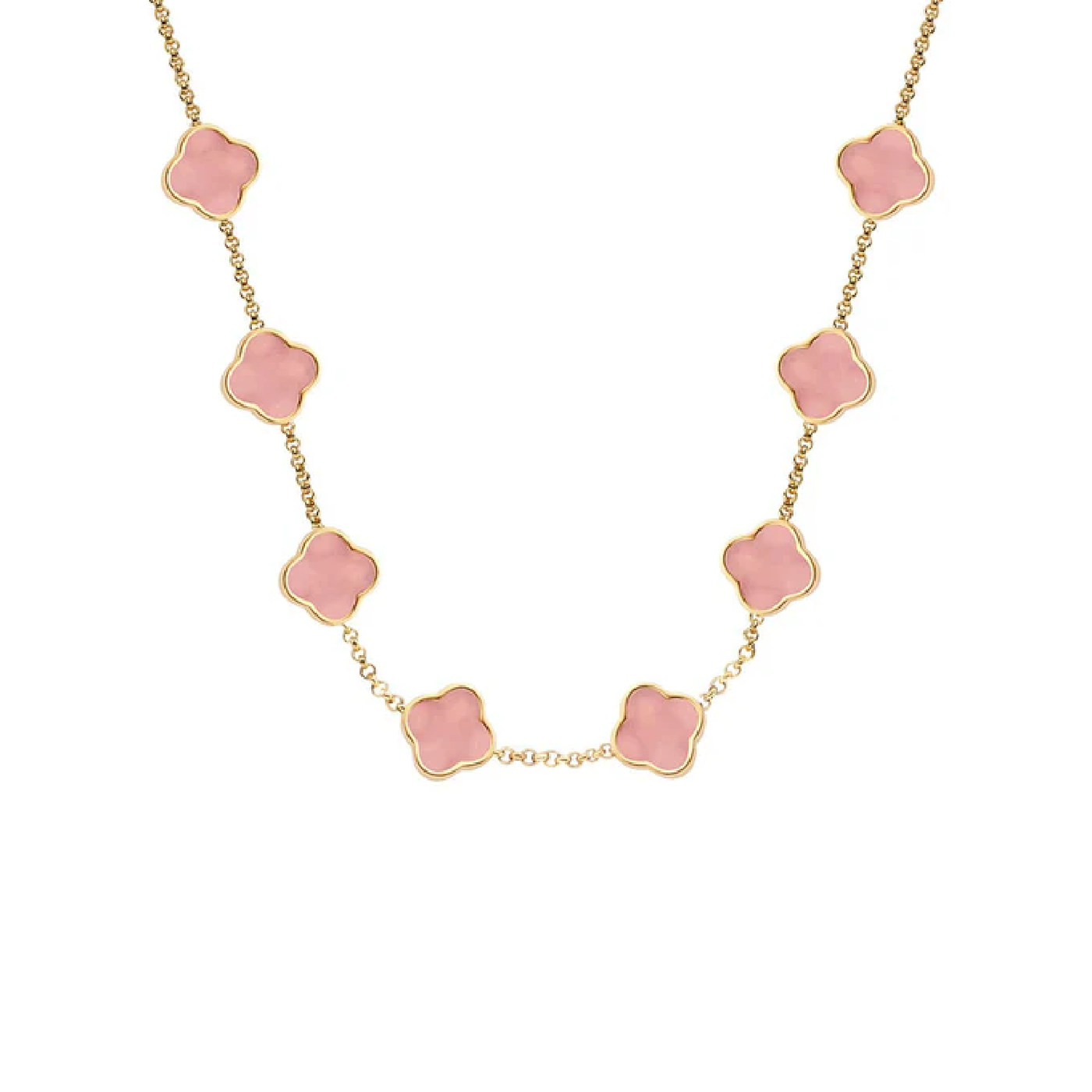 Rose Quartz Clover Custom Name Necklace (Gold)