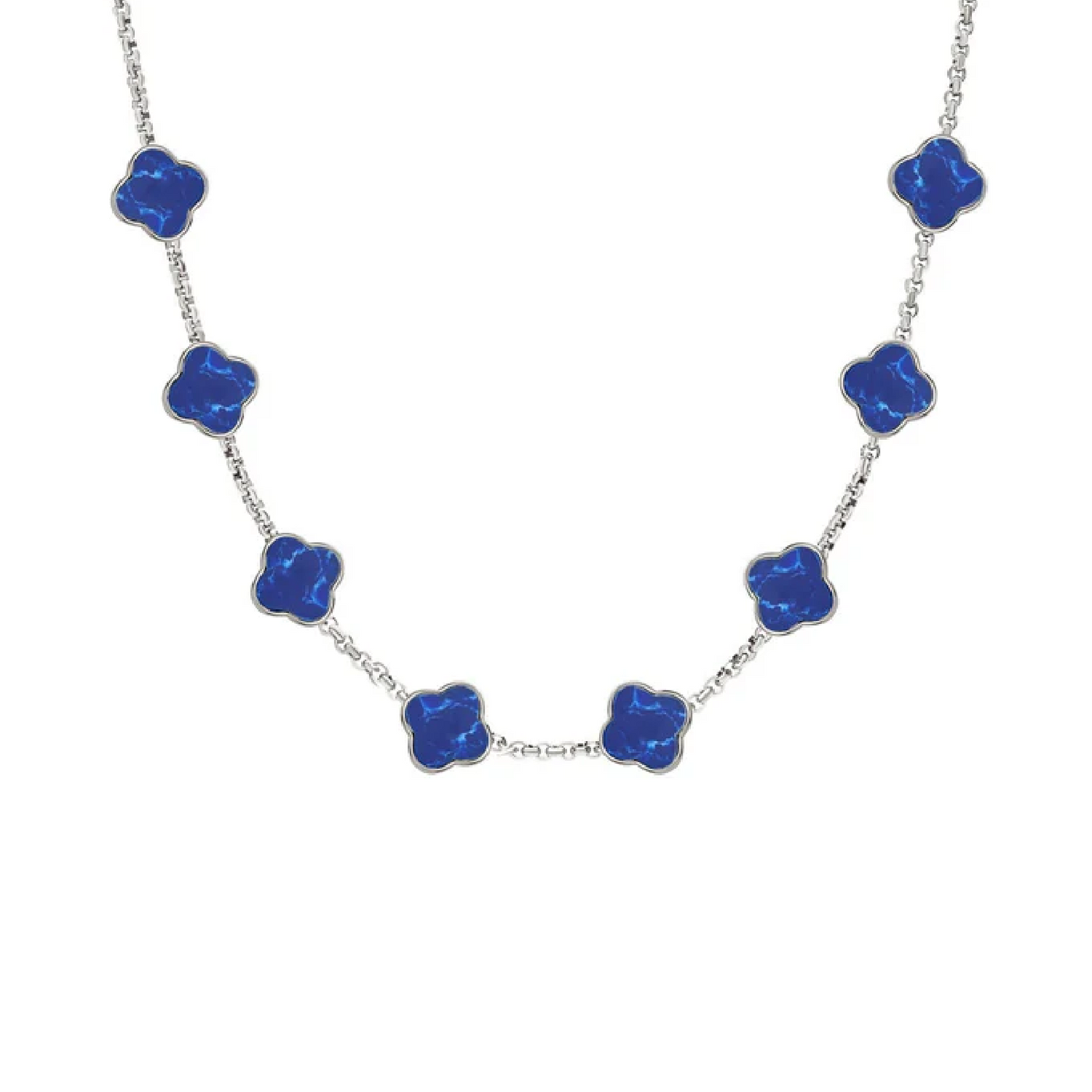 Blue Lace Agate Clover Custom Name Necklace (Silver)