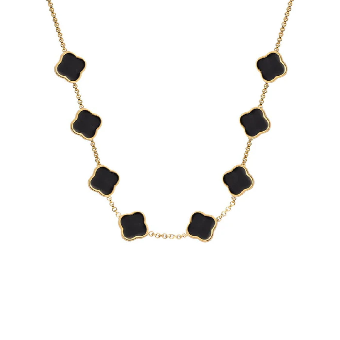Black Enamel Clover Custom Name Necklace (Gold)