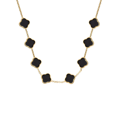 Black Enamel Clover Custom Name Necklace (Gold)