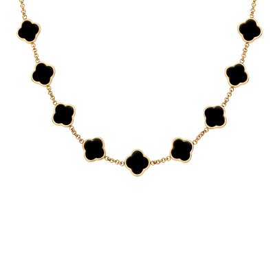 Black Enamel Clover Custom Name Necklace (Gold)