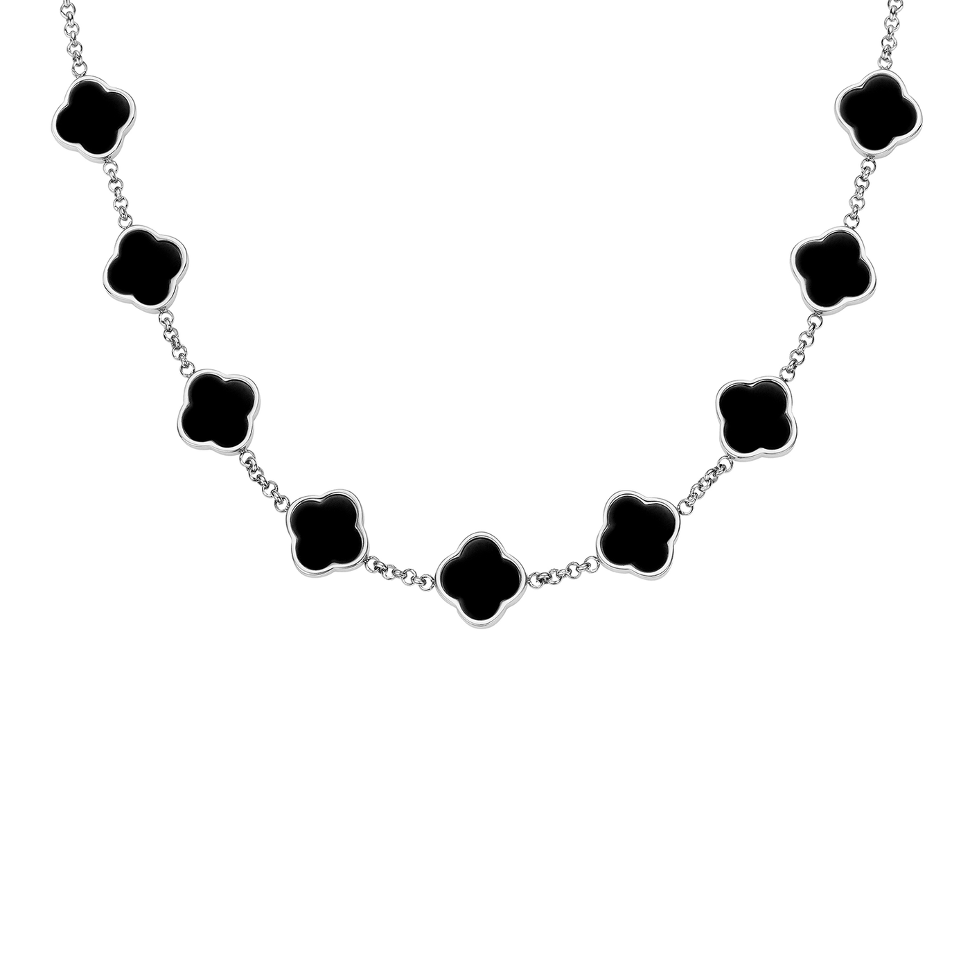 Black Enamel Clover Custom Name Necklace (Silver)