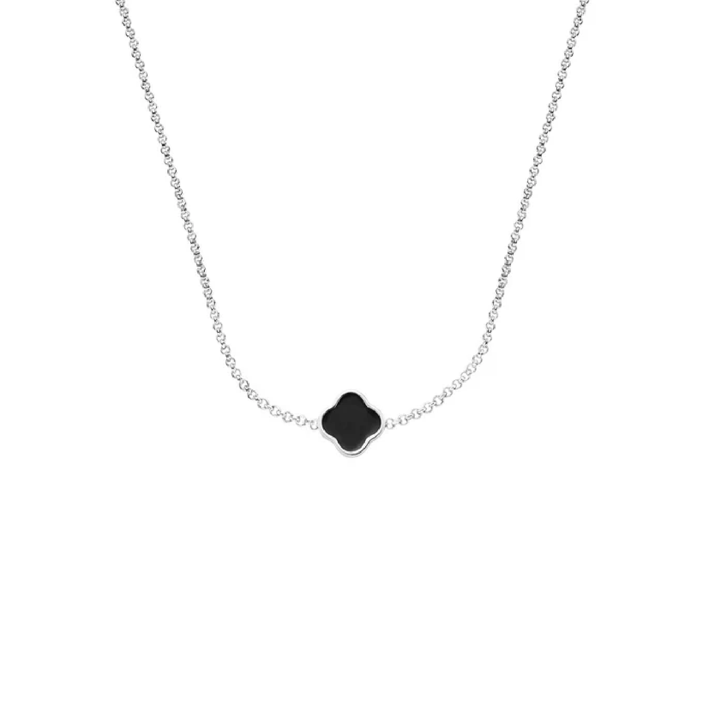 Black Enamel Clover Custom Name Necklace (Silver)