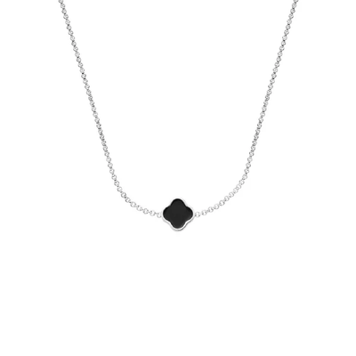 Black Enamel Clover Custom Name Necklace (Silver)