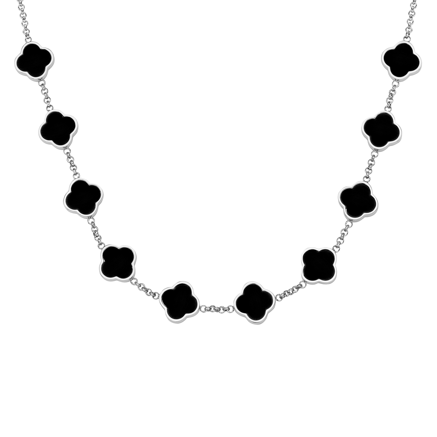 Black Enamel Clover Custom Name Necklace (Silver)