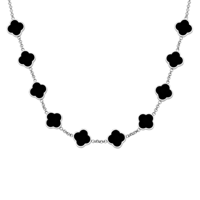 Black Enamel Clover Custom Name Necklace (Silver)