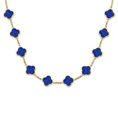 Blue Lace Agate Clover Custom Name Necklace (Gold)