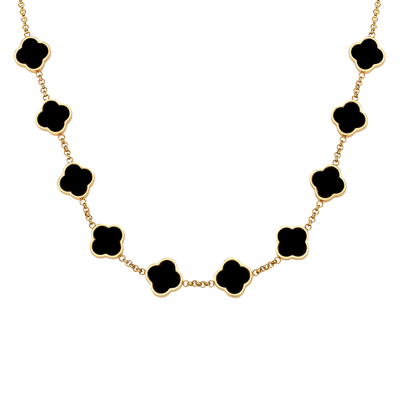 Black Enamel Clover Custom Name Necklace (Gold)
