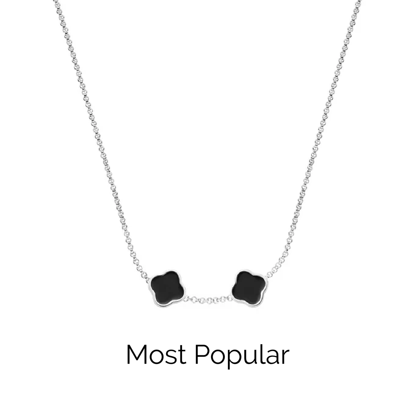 Black Enamel Clover Custom Name Necklace (Silver)