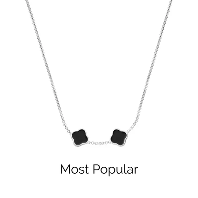 Black Enamel Clover Custom Name Necklace (Silver)