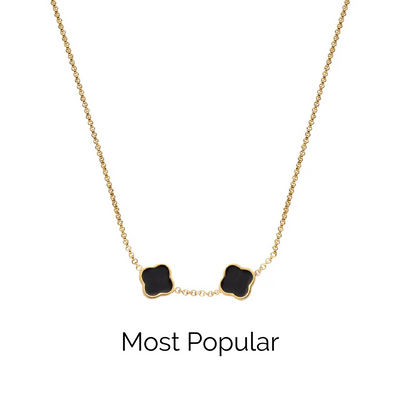 Black Enamel Clover Custom Name Necklace (Gold)