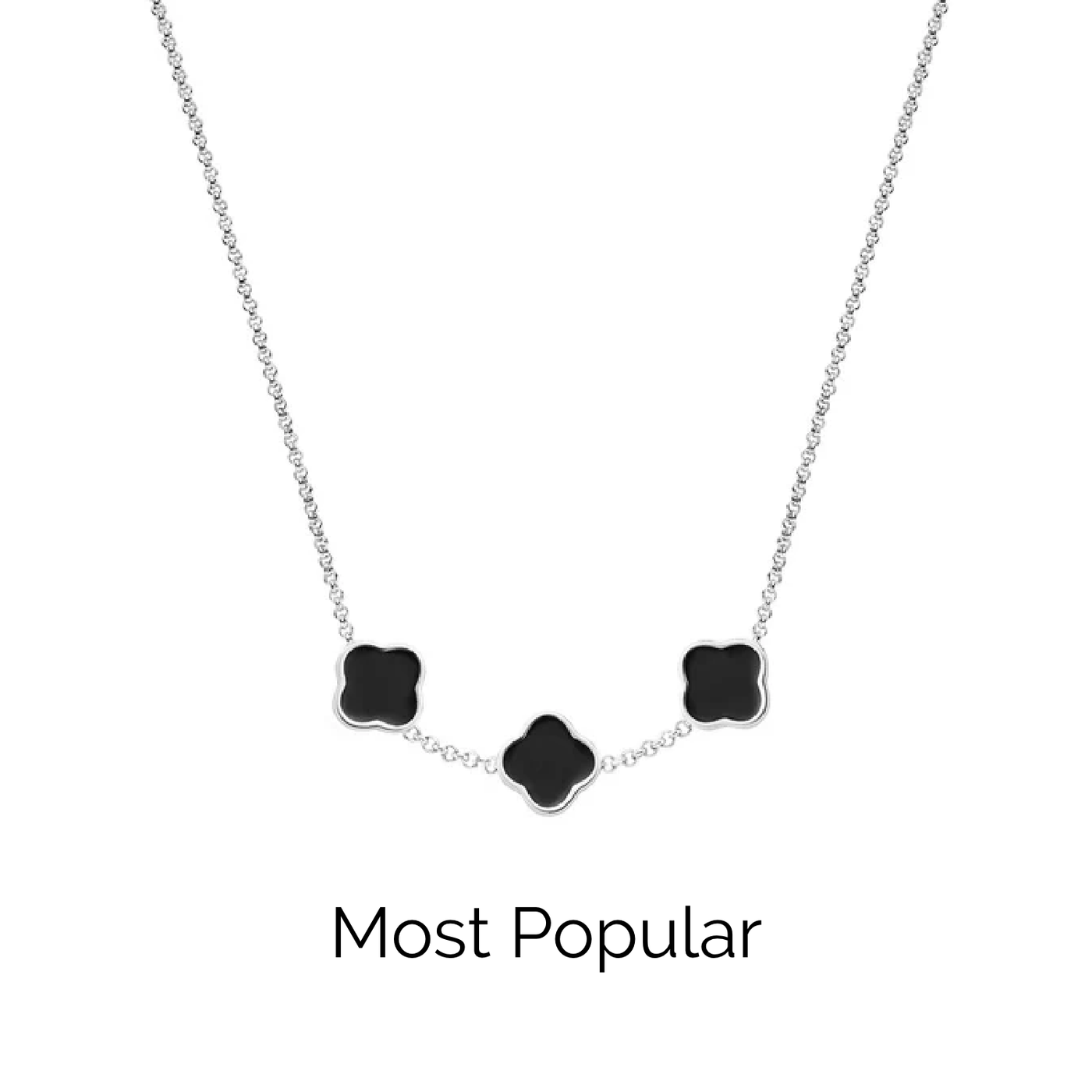 Black Enamel Clover Custom Name Necklace (Silver)