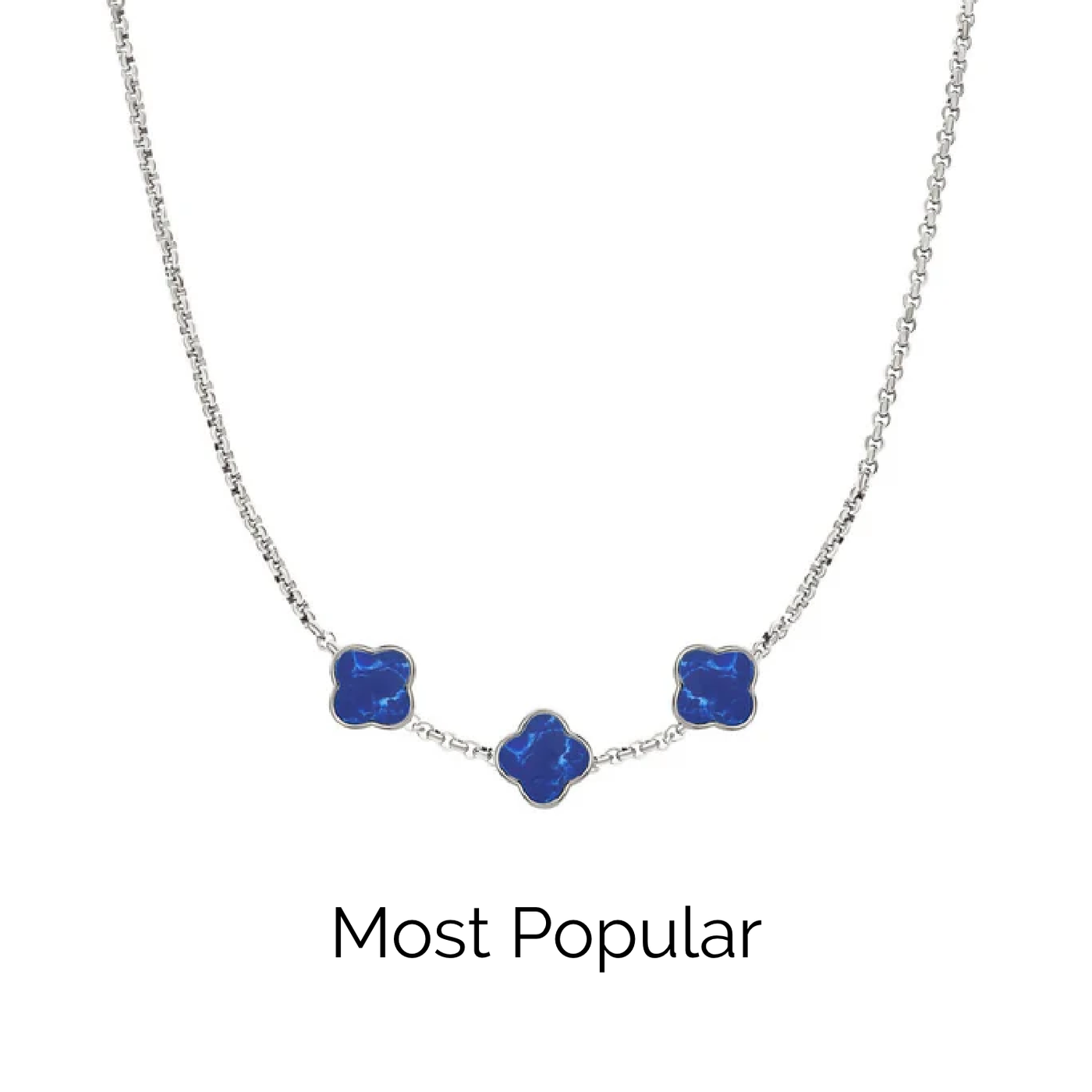 Blue Lace Agate Clover Custom Name Necklace (Silver)