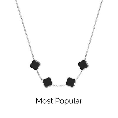 Black Enamel Clover Custom Name Necklace (Silver)