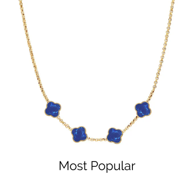 Blue Lace Agate Clover Custom Name Necklace (Gold)