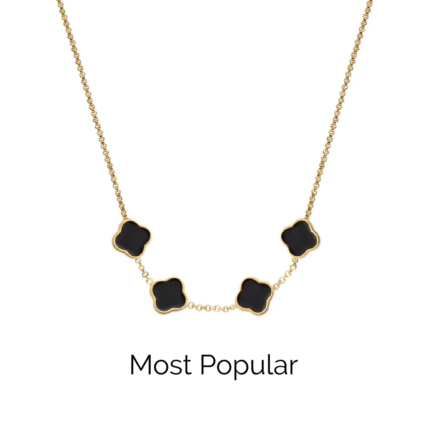 Black Enamel Clover Custom Name Necklace (Gold)