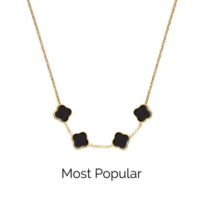 Black Enamel Clover Custom Name Necklace (Gold)