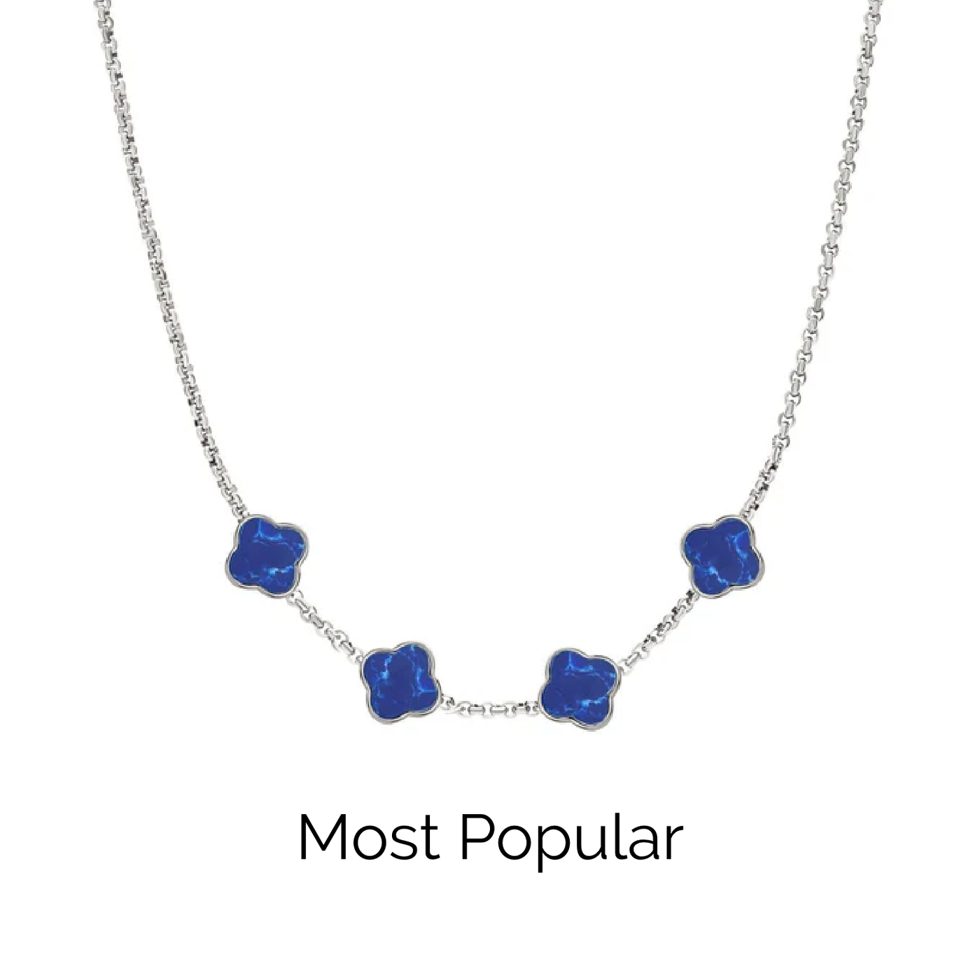 Blue Lace Agate Clover Custom Name Necklace (Silver)