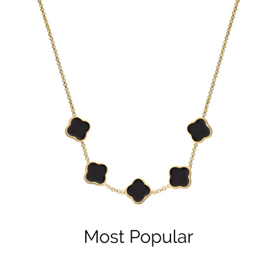 Black Enamel Clover Custom Name Necklace (Gold)