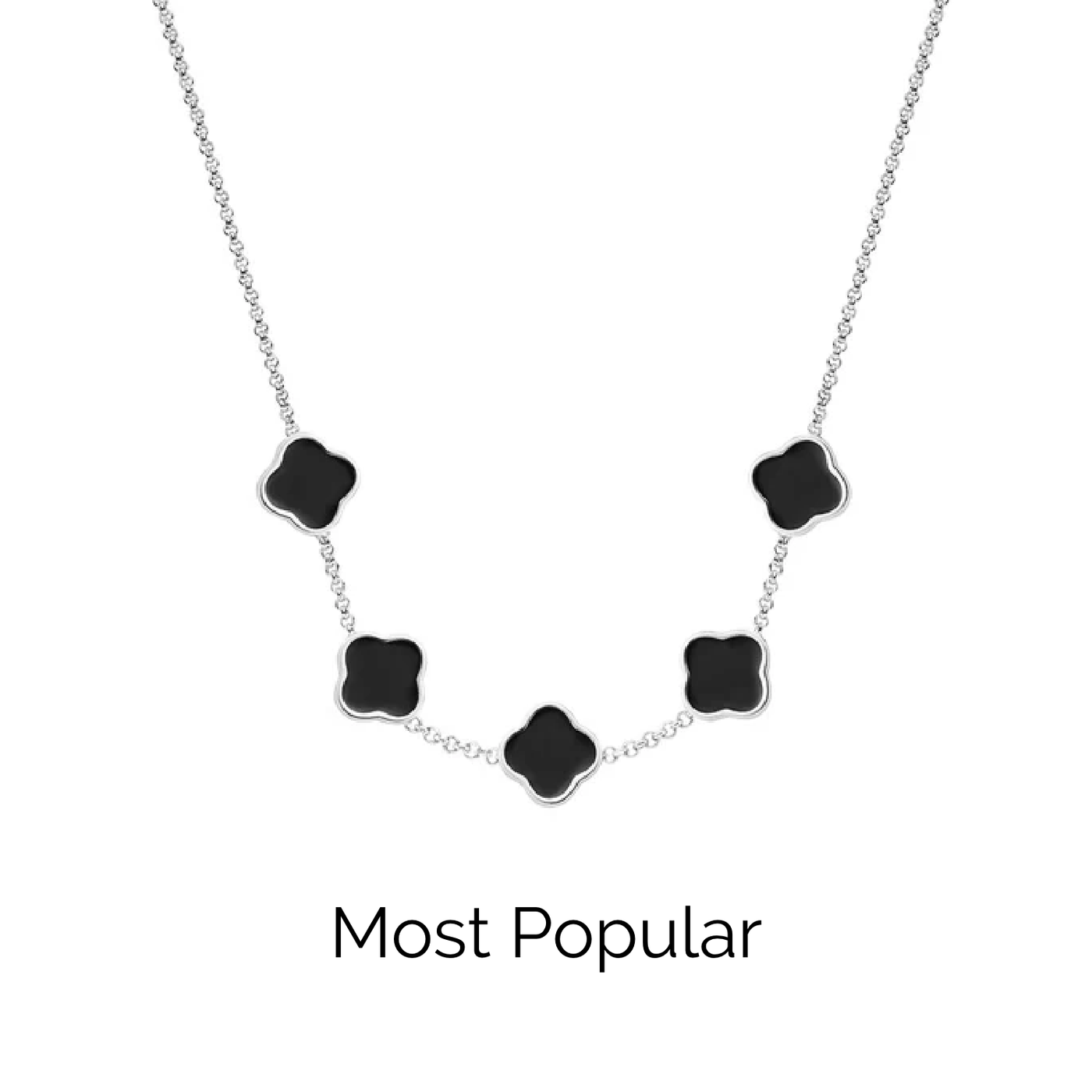 Black Enamel Clover Custom Name Necklace (Silver)