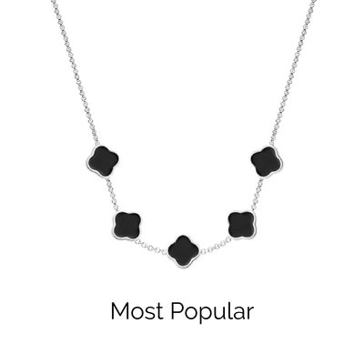 Black Enamel Clover Custom Name Necklace (Silver)